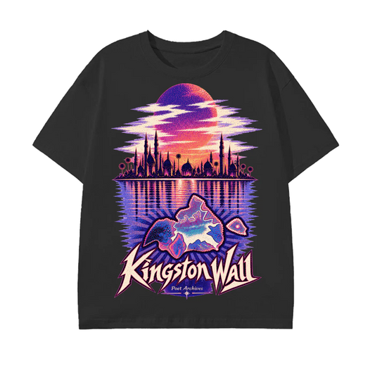 A black short-sleeve t-shirt with a large, colorful graphic print on the front. The graphic features a stylized sunset over a skyline with minarets, reflecting in water, with a central island and the text 'Kingston Wall' and 'Poet Archives' in a purple and pink neon font.