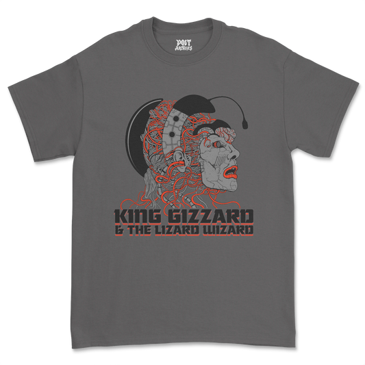 KING GIZZARD & THE LIZARD WIZARD T-SHIRT laid flat, front view showing the band's graphic print design on a gray tee, from Poet Archives