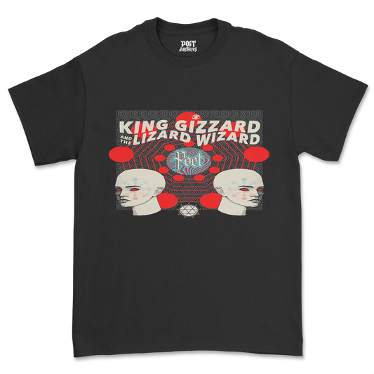 KING GIZZARD & THE LIZARD WIZARD T-SHIRT laid flat, front view showing the band's graphic print design on a black tee, from Poet Archives