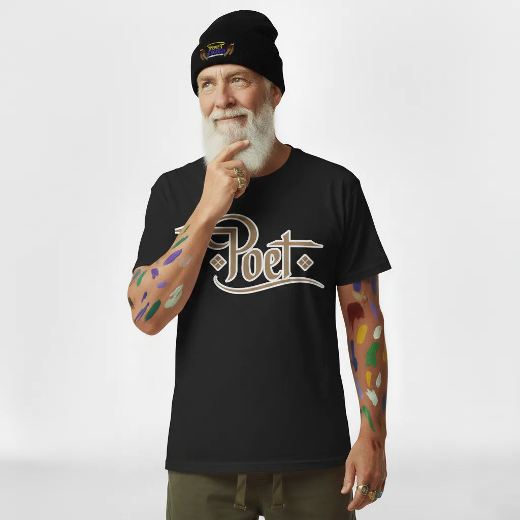 Man wearing a black t-shirt with 'Poet' logo and a beanie, pointing upwards.