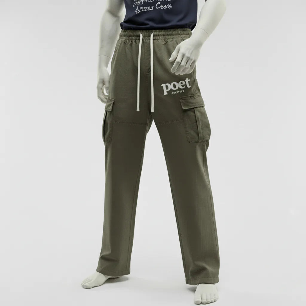 Mannequin wearing olive green cargo pants with 'poet' branding on a white background