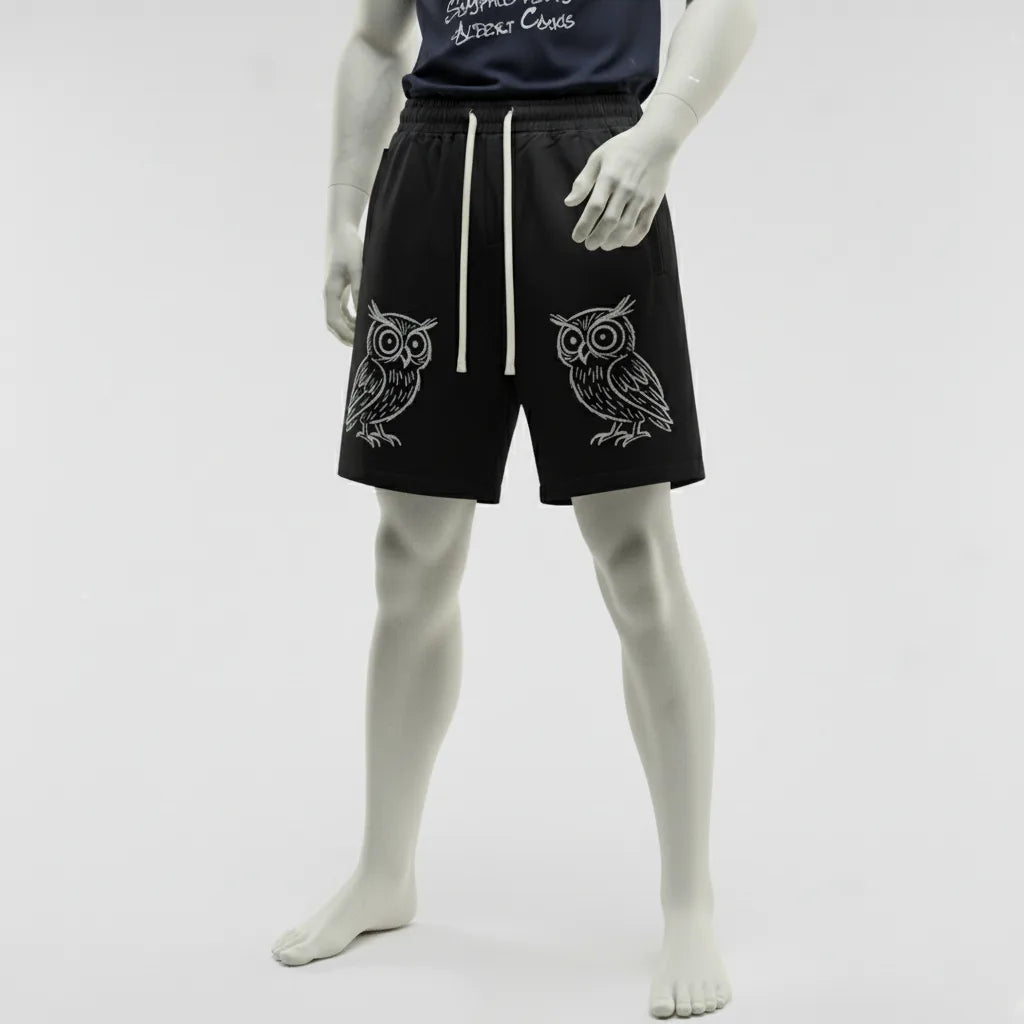 Black shorts with owl designs on a white background