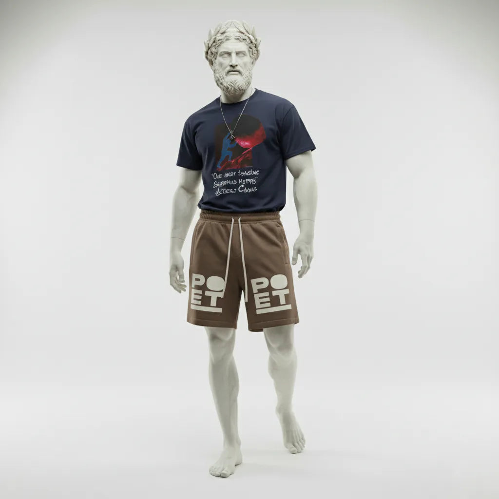 Mannequin wearing a t-shirt with text and brown shorts with 'POET' branding on a white background