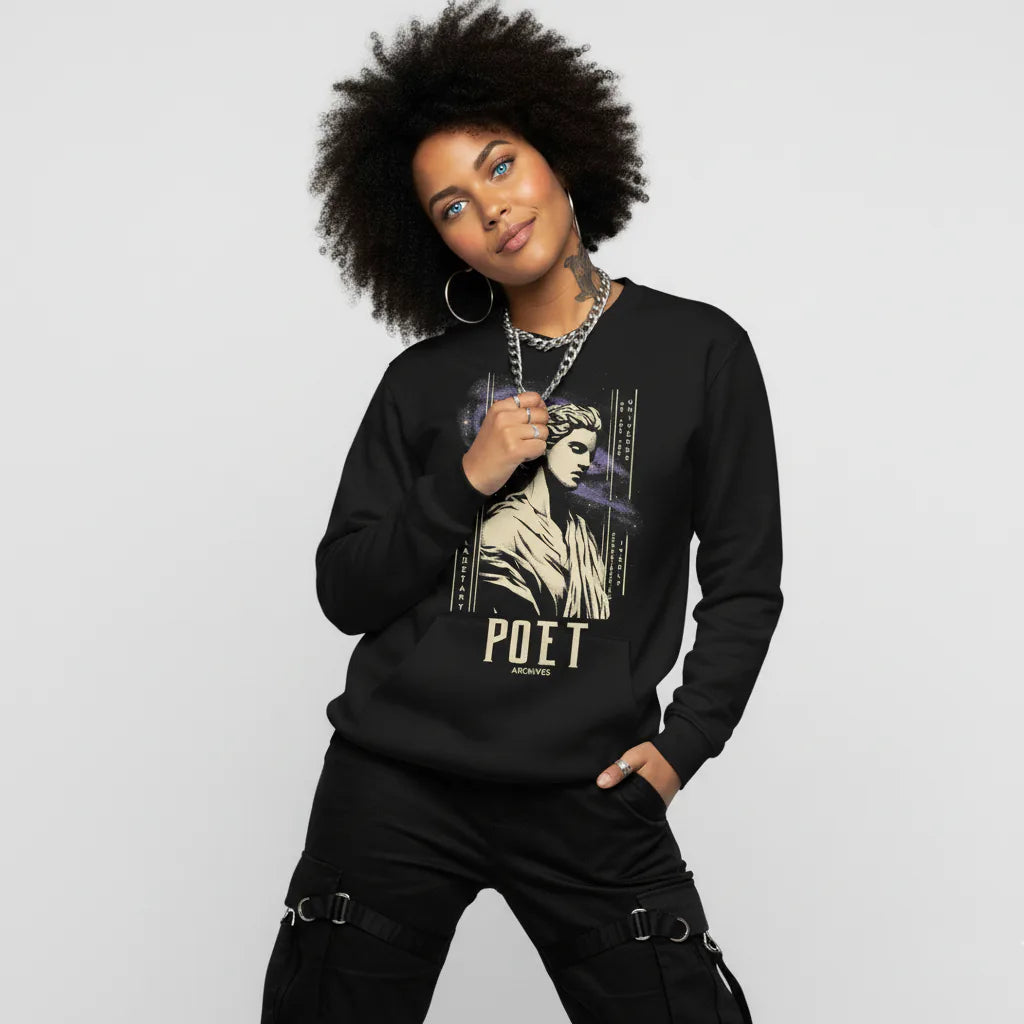 Person wearing a black sweatshirt with a graphic design and the word 'POET' on a plain background