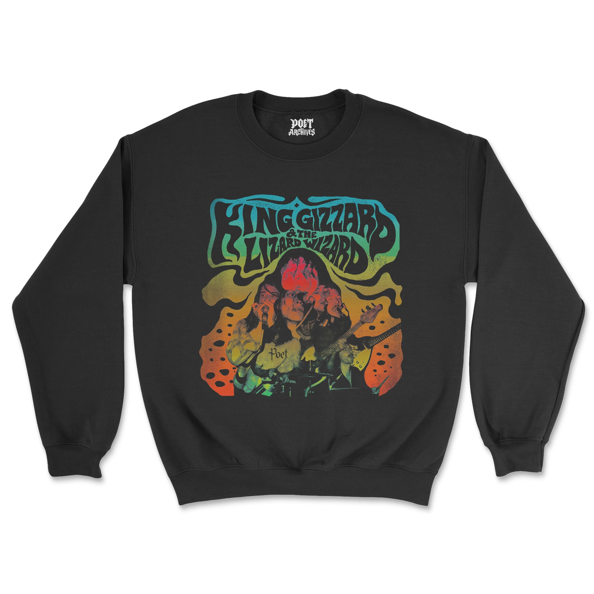 KING GIZZARD & THE LIZARD WIZARD SWEATSHIRT laid flat, front view showing the band's graphic print design on a black crewneck, from Poet Archives