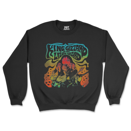 KING GIZZARD & THE LIZARD WIZARD SWEATSHIRT laid flat, front view showing the band's graphic print design on a black crewneck, from Poet Archives