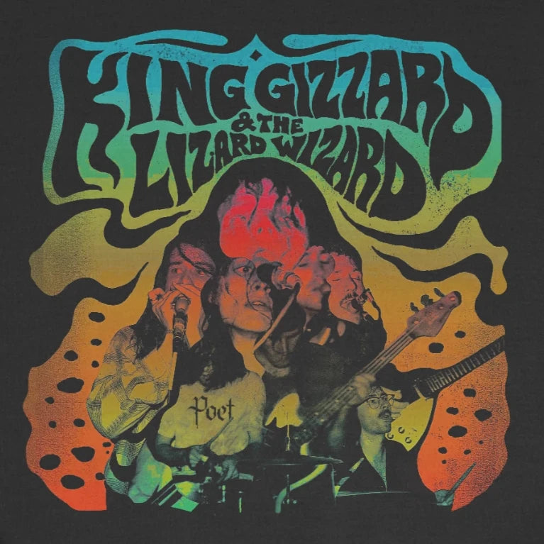 Close-up of the King Gizzard & the Lizard Wizard graphic print on the Poet Archives black sweatshirt