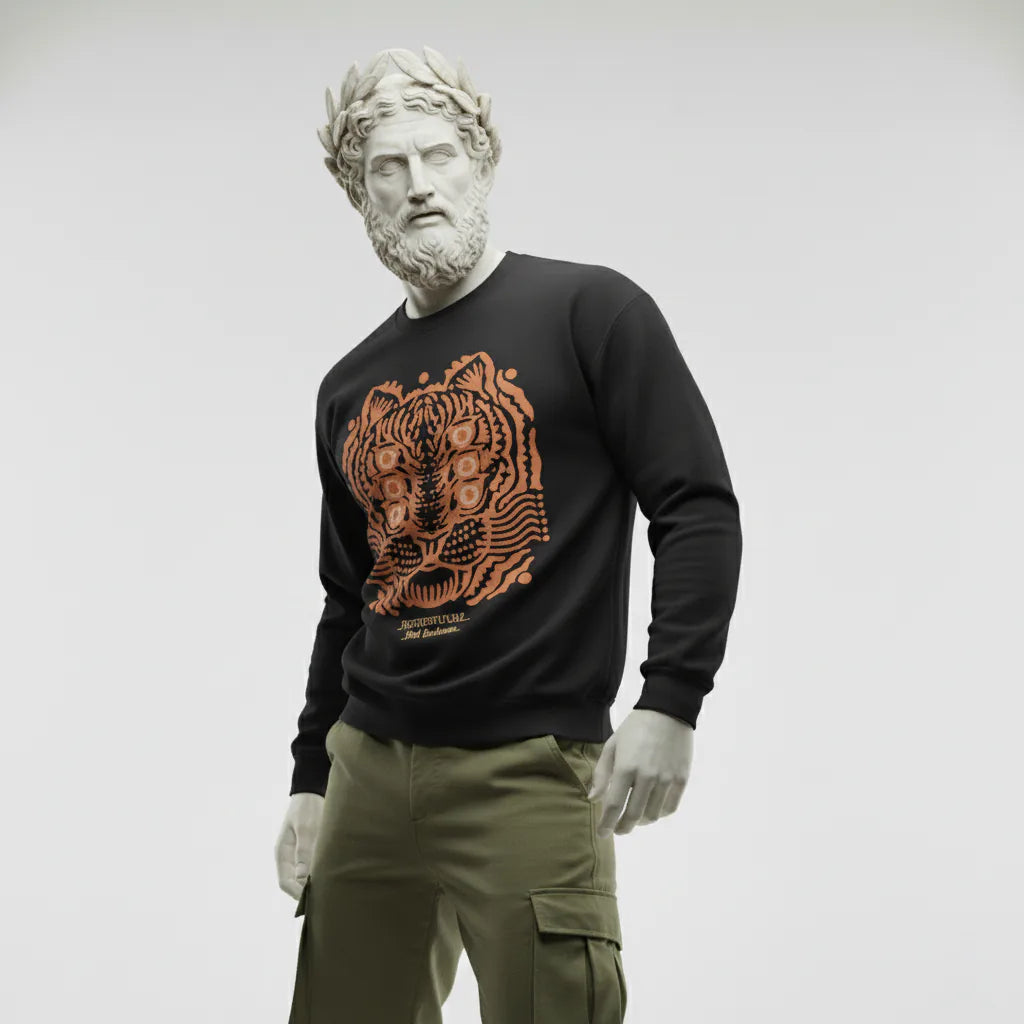 Statue wearing a black sweater with a tiger design on a white background
