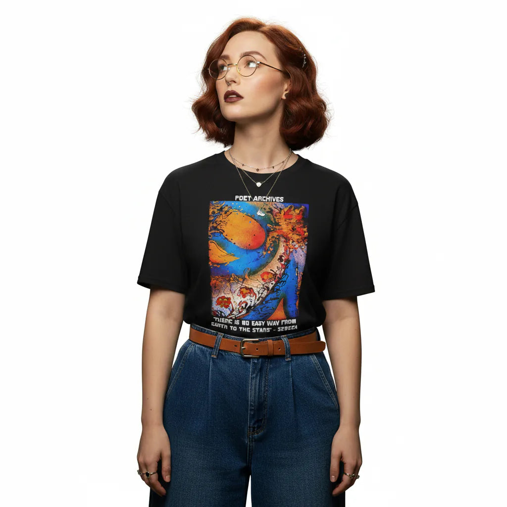 Person wearing a black t-shirt with a colorful graphic design on a white background