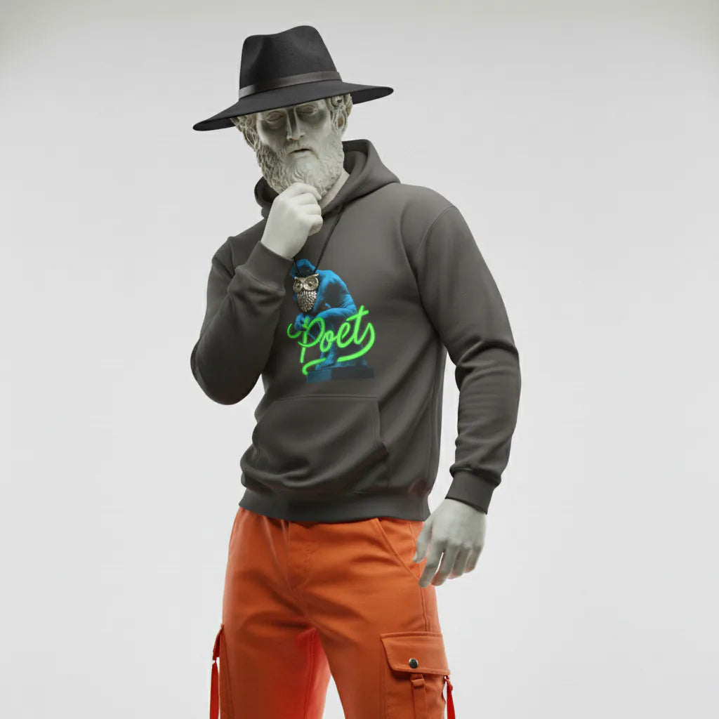 Person wearing a hoodie with a logo and text, standing against a plain background