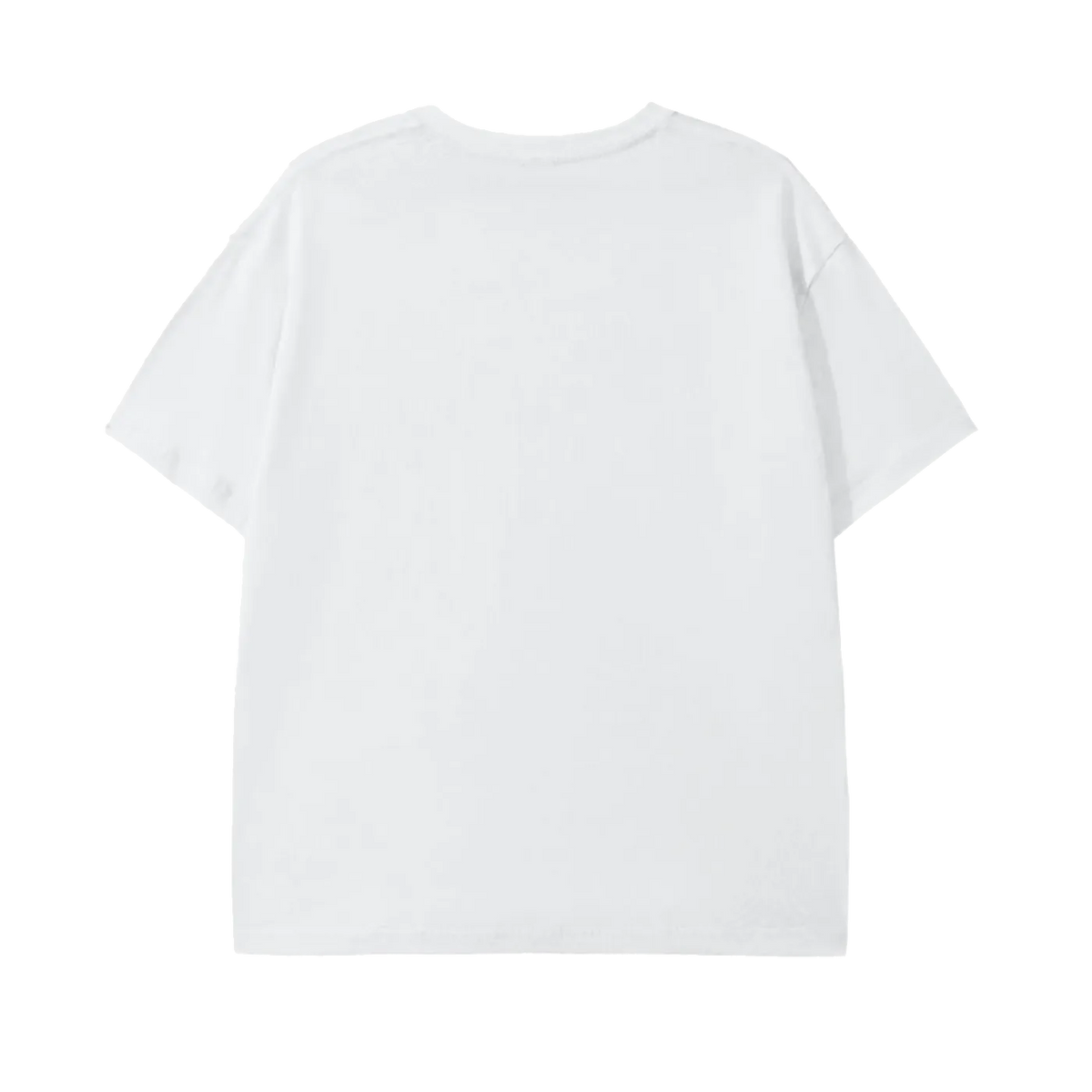 A plain white short-sleeve crewneck t-shirt shown from the back, laid flat against a solid white background.