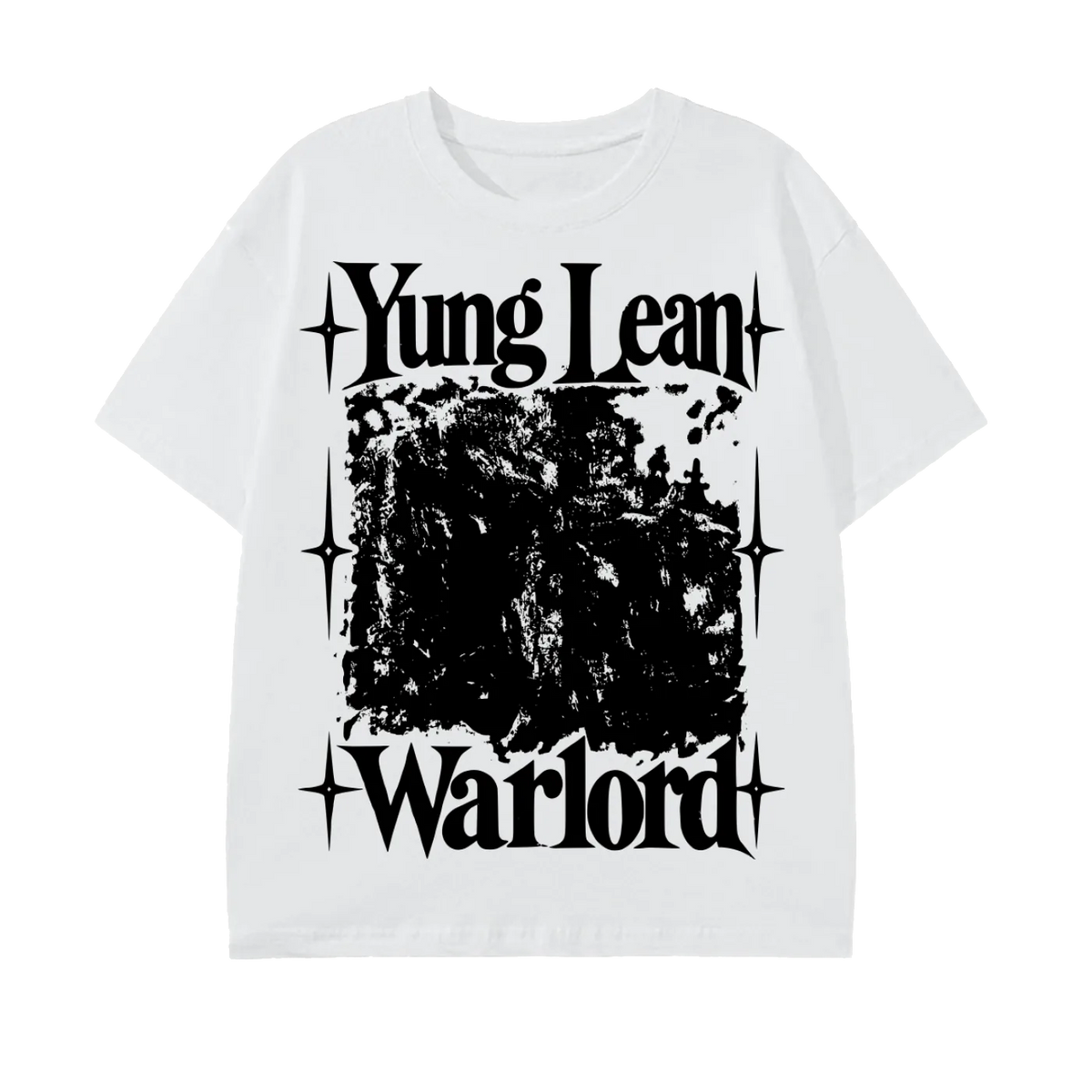A white short-sleeve t-shirt with a black graphic print featuring the text 'Yung Lean' and 'Warlord' with a distressed central illustration, displayed on a solid white background.